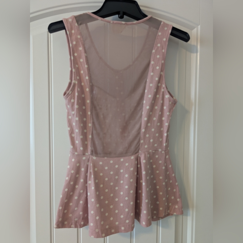 Small Pins and Needles Pink Polka Dot Peplum Mesh Button Front Tank Top - Picture 2 of 4